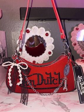 Von Dutch Red Mini Shoulder Bag with Charm Chain & Black Rhinestones